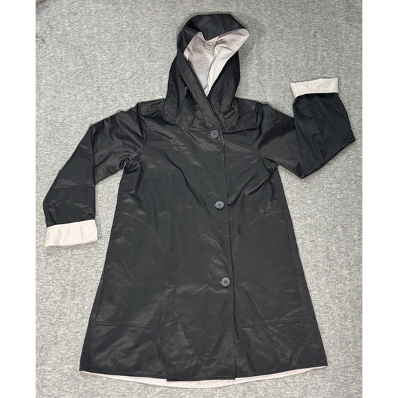 Eileen Fisher Black/Gray Reversible Hooded Coat Button Up - Petites Size PP - Picture 1 of 9